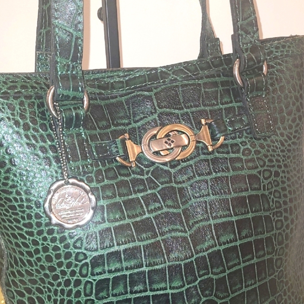 Patricia Nash Green Crocodile Embossed Satchel 10th Year Anniversary W/ Dustbag - Picture 3 of 11
